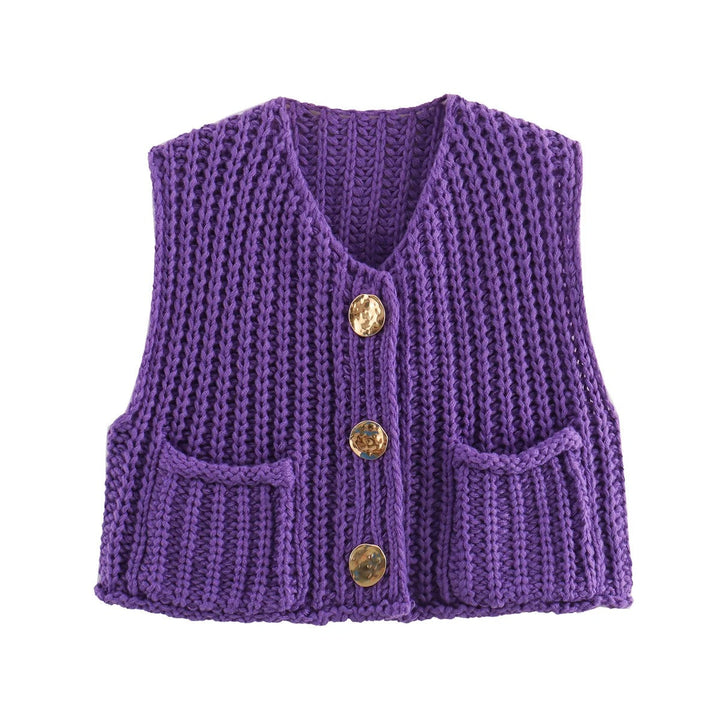 Dame Strikkevest med Metallknapper – Elegant Komfort &amp; Stil