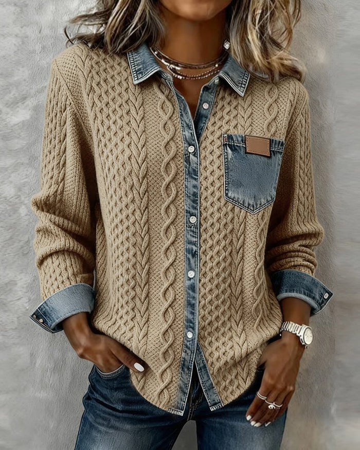 Damer Strikbluse med Denim-Detaljer og Knaplukning