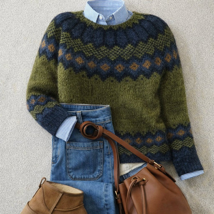 Strikket Fair Isle-genser for kvinner med rund hals