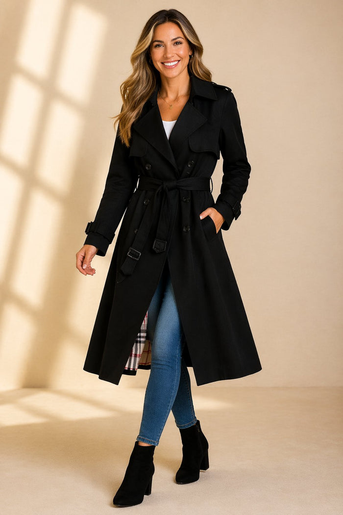 Long trench-coat croisé pour femme avec ceinture à la taille