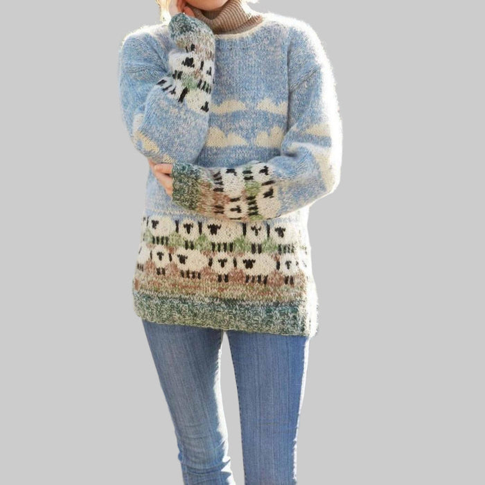 Pull en tricot pour femme avec motif de mouton et col rond pour l’automne