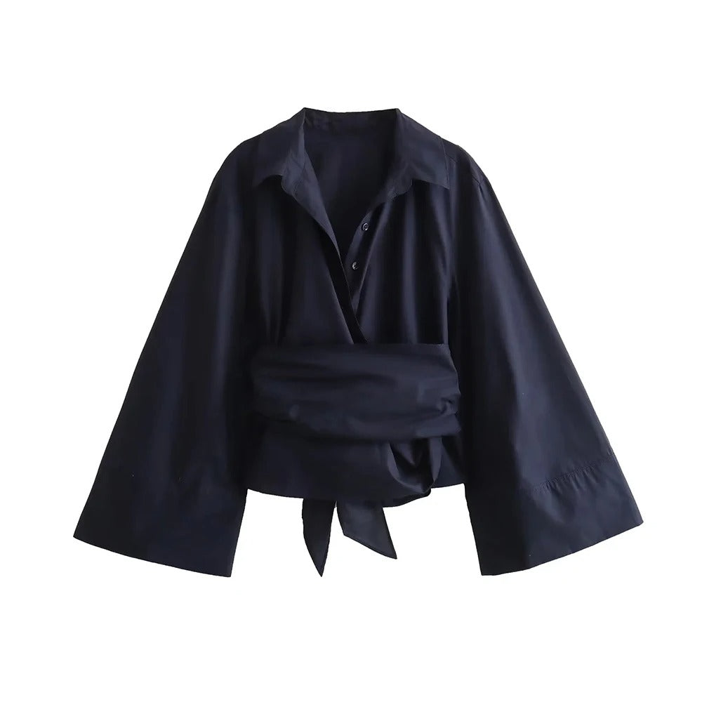 Elegant Langermet Kimonobluse for Kvinner med Sløyfedetalj