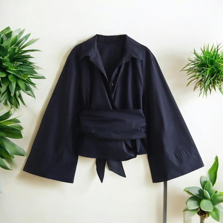 Elegant Langermet Kimonobluse for Kvinner med Sløyfedetalj
