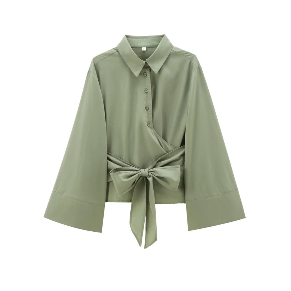 Elegant Langermet Kimonobluse for Kvinner med Sløyfedetalj