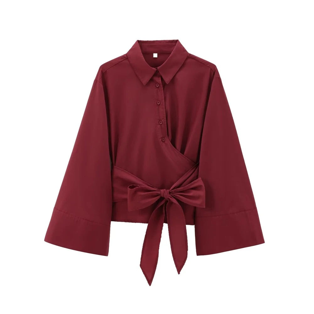 Elegant Langermet Kimonobluse for Kvinner med Sløyfedetalj