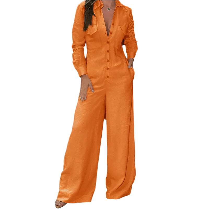 Dame Langermet Jumpsuit med Krage – Elegant og Komfortabel