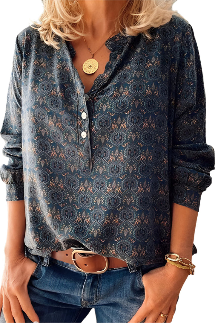Damebluse med Trendy Heldekkende Trykk og Elegant Utskjæring