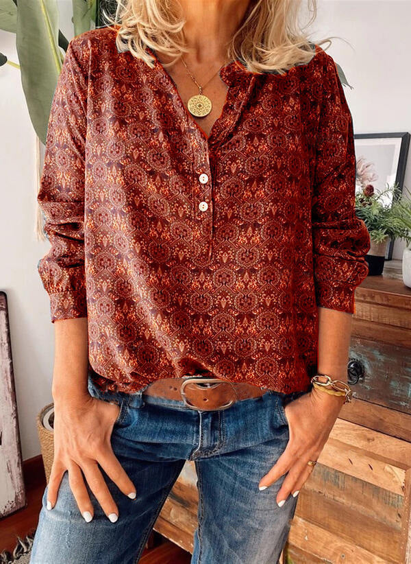Damebluse med Trendy Heldekkende Trykk og Elegant Utskjæring
