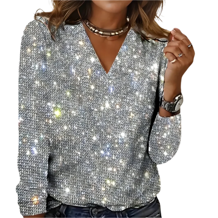 Elegant Damebluse med V-hals og Diamanteffekt