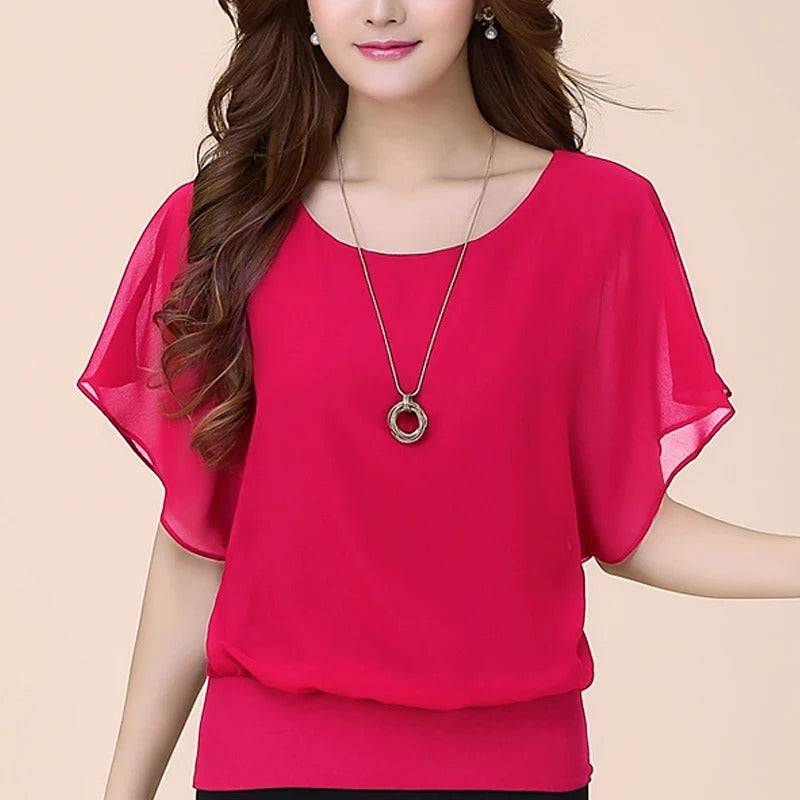 Elegant Damebluse med Volanger og Flaggermusermer