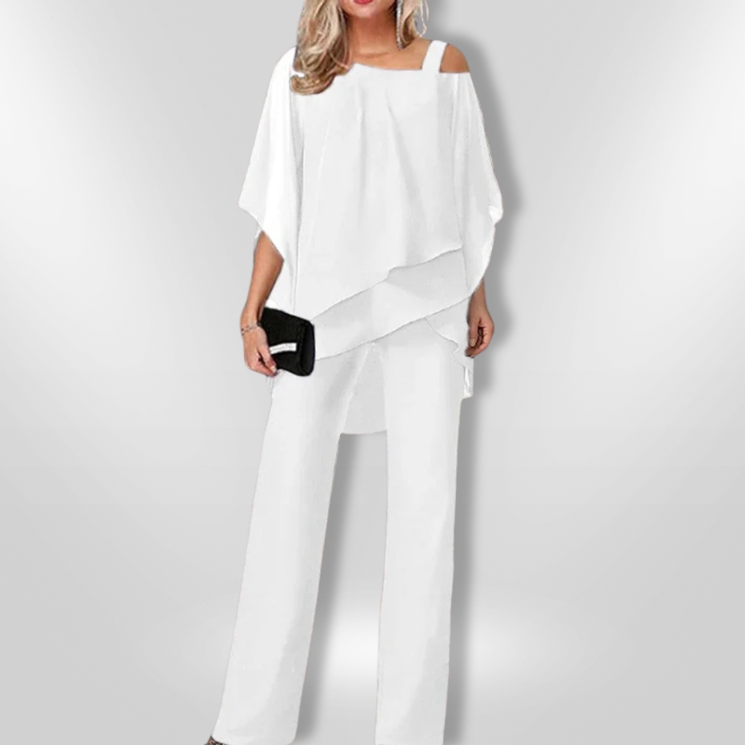 Elegant Kvinne Ensemble med Asymmetrisk Topp &amp; Bred Bukse