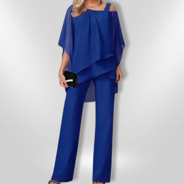Elegant Kvinne Ensemble med Asymmetrisk Topp &amp; Bred Bukse