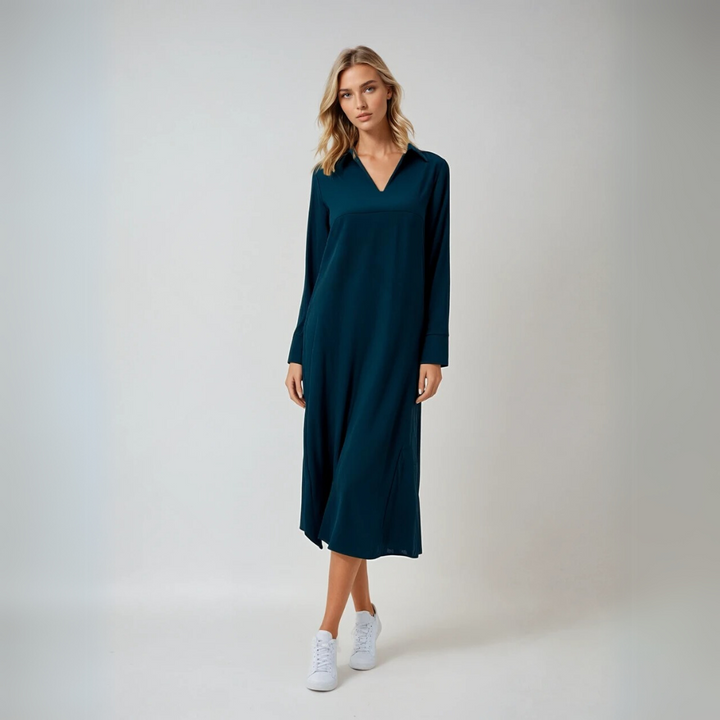 Kvinner Elegant Maxi Kjole med V-hals, Drapé og Sideslitt