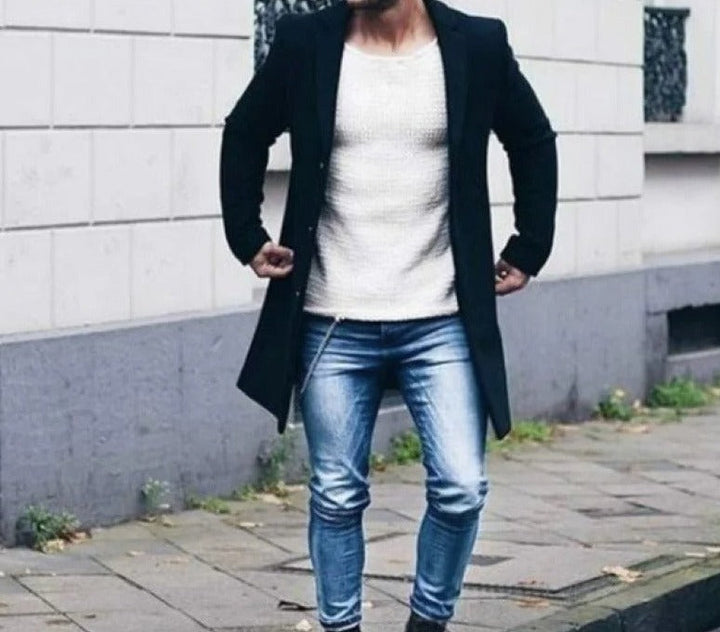 Herre Vinterjakke Slim Fit Vindresistent Ullblandning