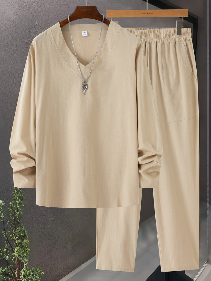 Herre Loungewear Sett: V-Hals Topp og Komfortable Bukser