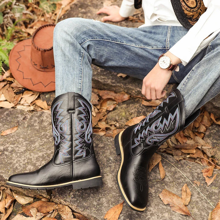 Herre Retro Høye Cowboyboots med Broderte Detaljer
