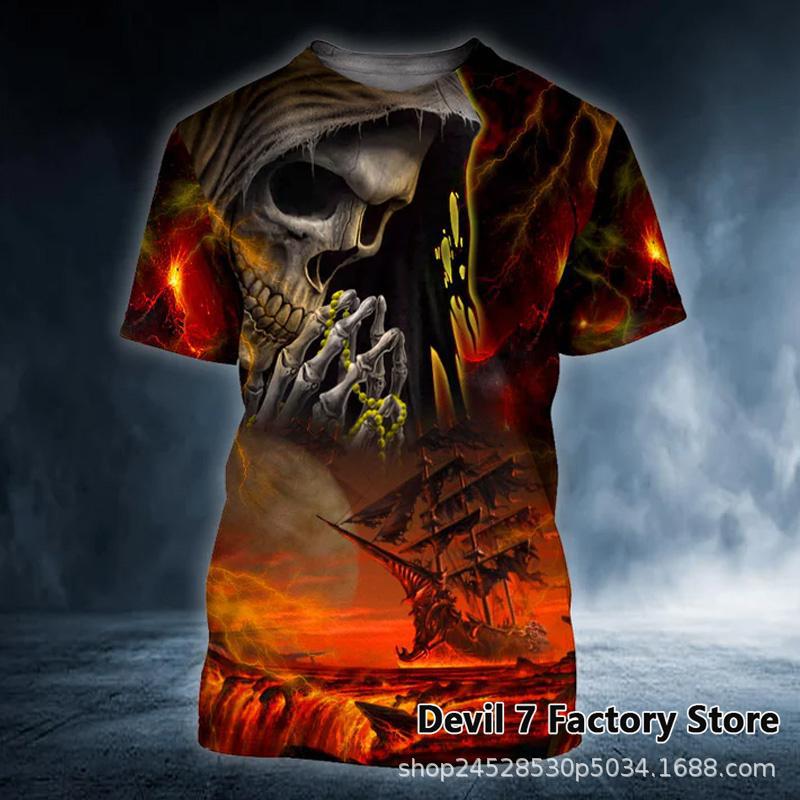 Herre Vikings Skulls T-skjorte med Tøft 3D-Trykk