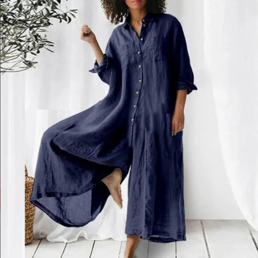 Kvinner Jumpsuit med Vide Ben og Knappedetaljer