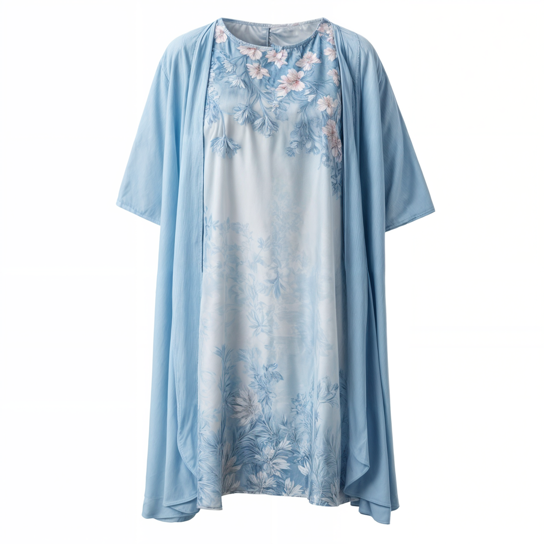 Knelang Kvinnekjole med Blomstertrykk og Matchende Cardigan