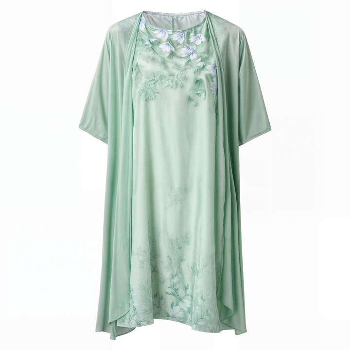 Knelang Kvinnekjole med Blomstertrykk og Matchende Cardigan