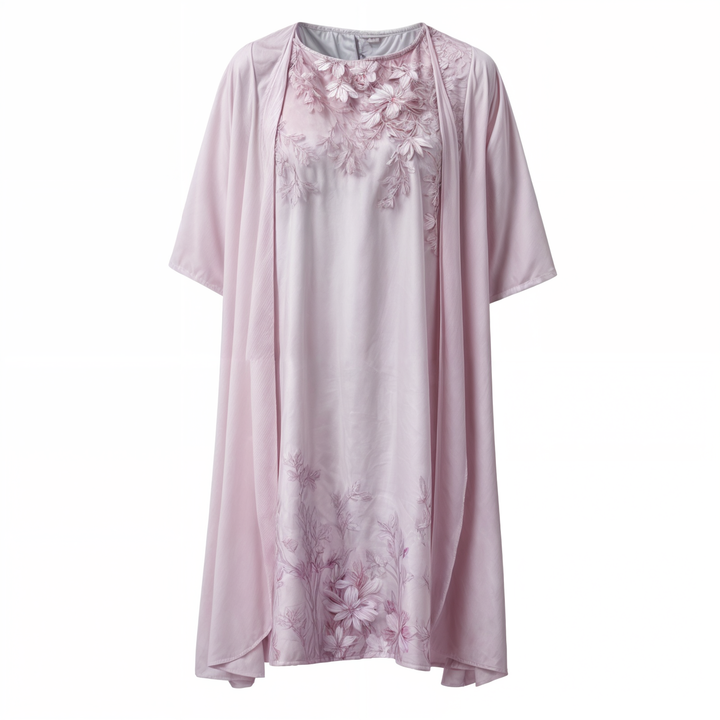 Knelang Kvinnekjole med Blomstertrykk og Matchende Cardigan