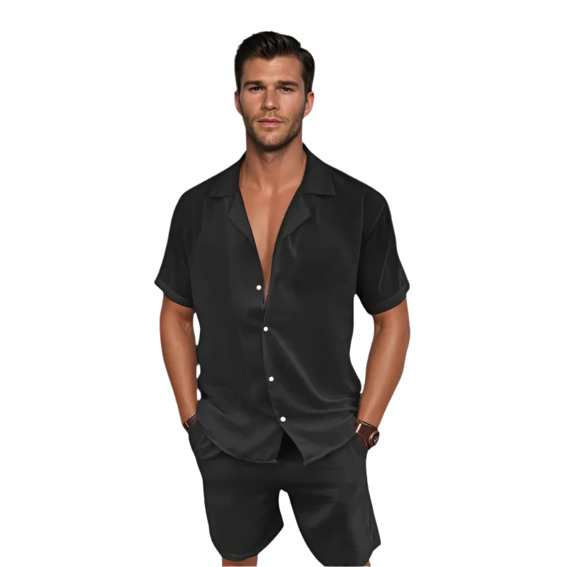 Herre V-Hals Skjorte &amp; Shorts Sett – Komfortabelt Sommerantrekk