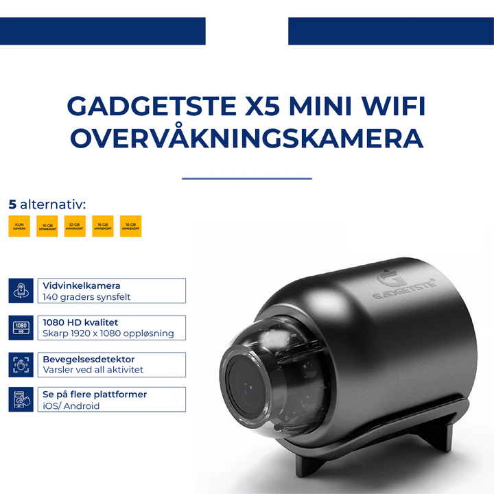 X5 Mini WiFi sikkerhetskamera - 1080P, nattsyn og varsler