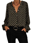 Kvinne Bluse med Lange Ermer og V-hals - Elegant Geometrisk Mønster