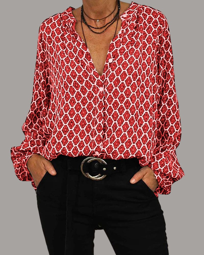 Kvinne Bluse med Lange Ermer og V-hals - Elegant Geometrisk Mønster