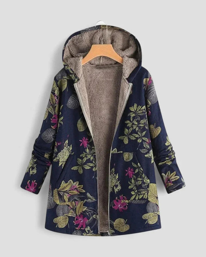 Kvinners Fleecejakke med Hette og Blomsterdesign
