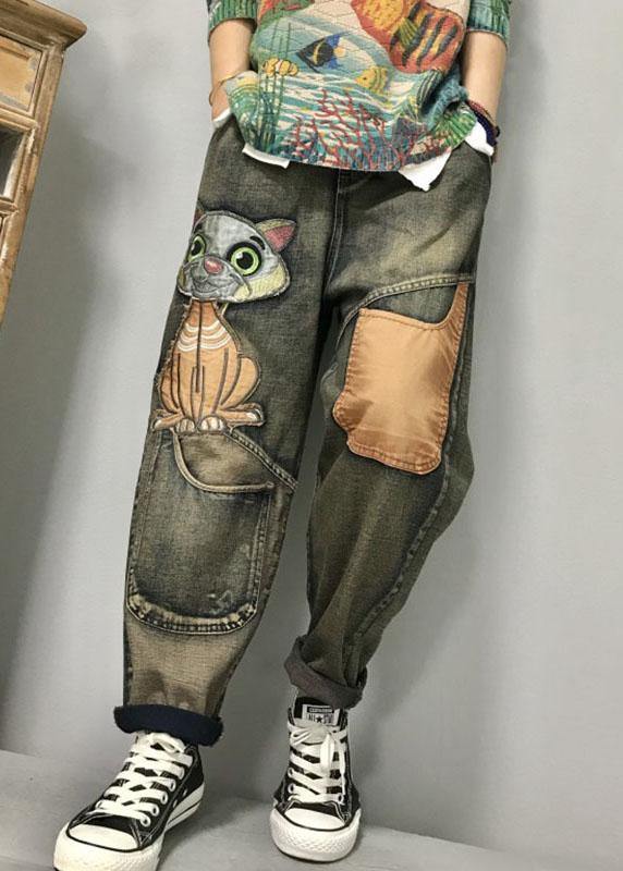 Kvinners Lekne Harem Jeans med Unikt Kattbroderi