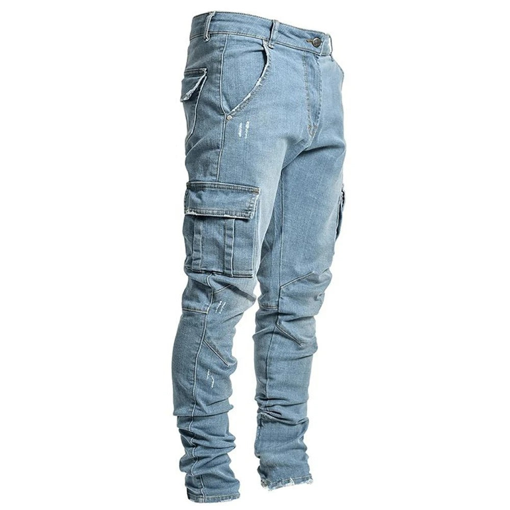 Menns Elastiske Cargo Jeans med Flere Lommer