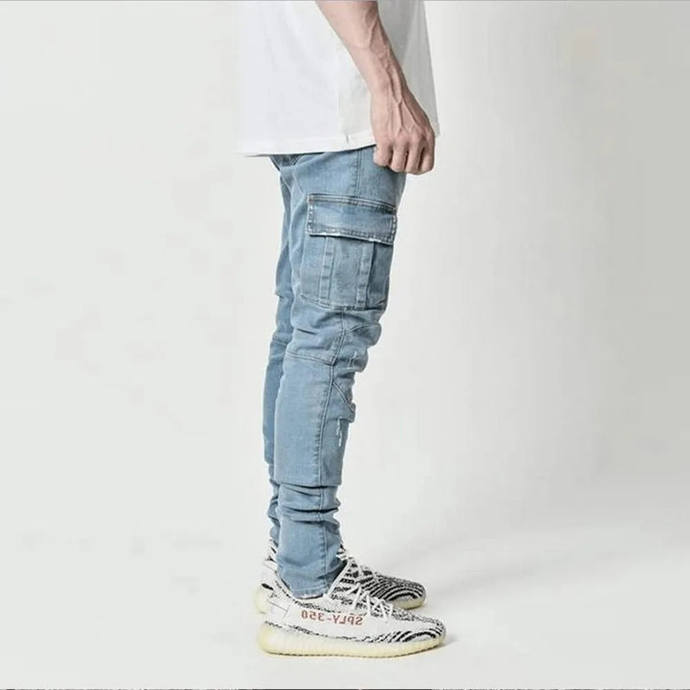 Menns Elastiske Cargo Jeans med Flere Lommer