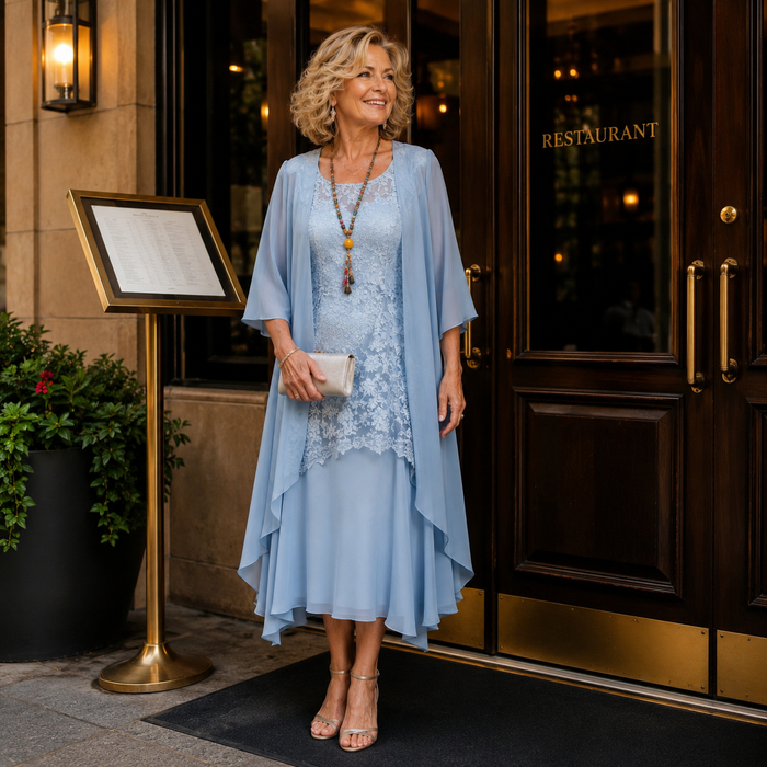 Robe midi évasée pour femme avec dentelle et manches trois quarts