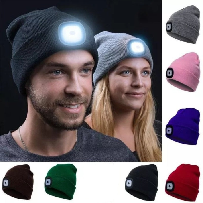 Unisex Oppladbar Strikket Lue med LED Lys – Perfekt for Mørke Kvelder