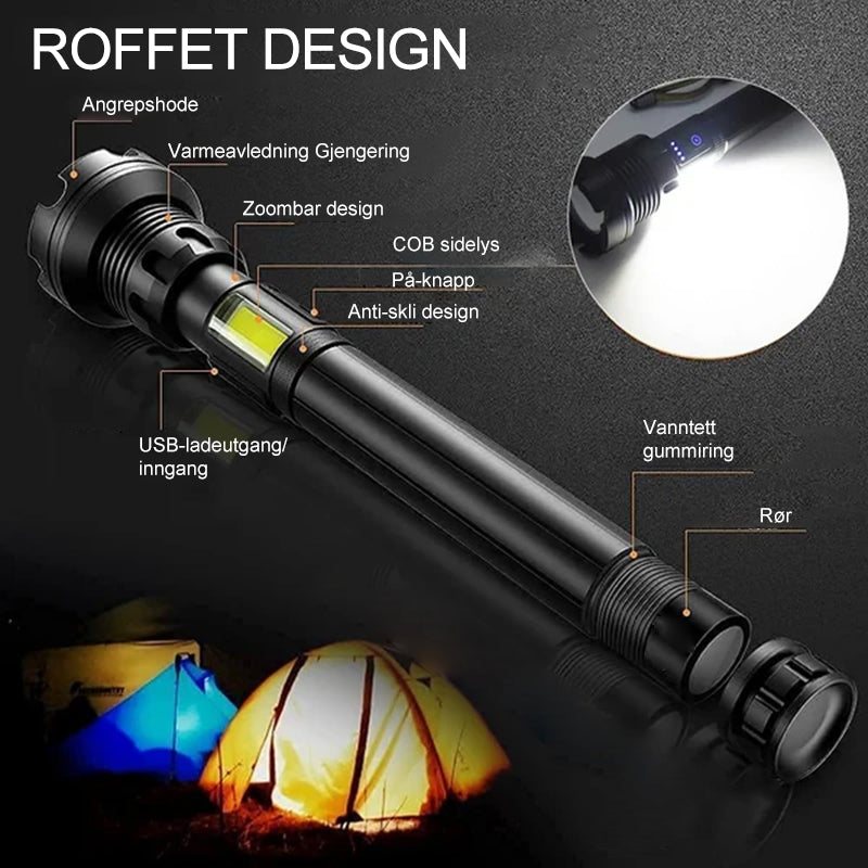 Oppladbar LED Taktisk Lommelykt - 90000 Lumen | Kraftig Vannbestandig