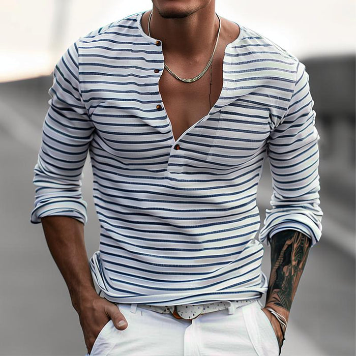 Gestreiftes Henley-T-Shirt für Herren mit langen Ärmeln und Knöpfen