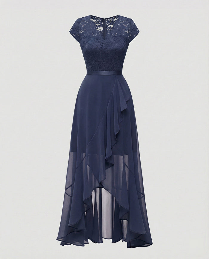 Robe de soirée pour femme avec col en V en dentelle et bord volanté asymétrique