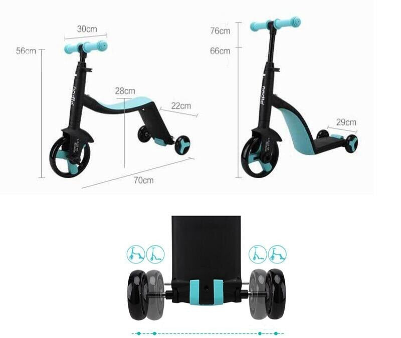 3-i-1 Barnescooter: Balanse-, Trehjulssykkel &amp; Sparkesykkel