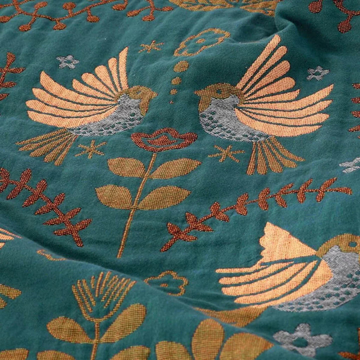 Reversibelt Gulvteppe for Stuen med Vakkert Fugle- og Blomstermønster