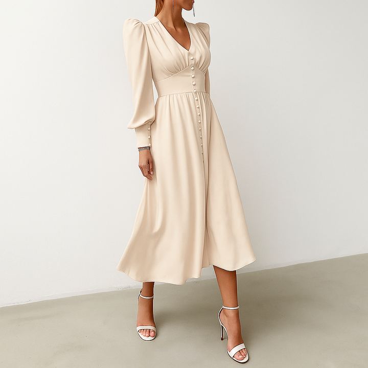 Myk Midikjole med Puffermer - V-Hals Eleganse