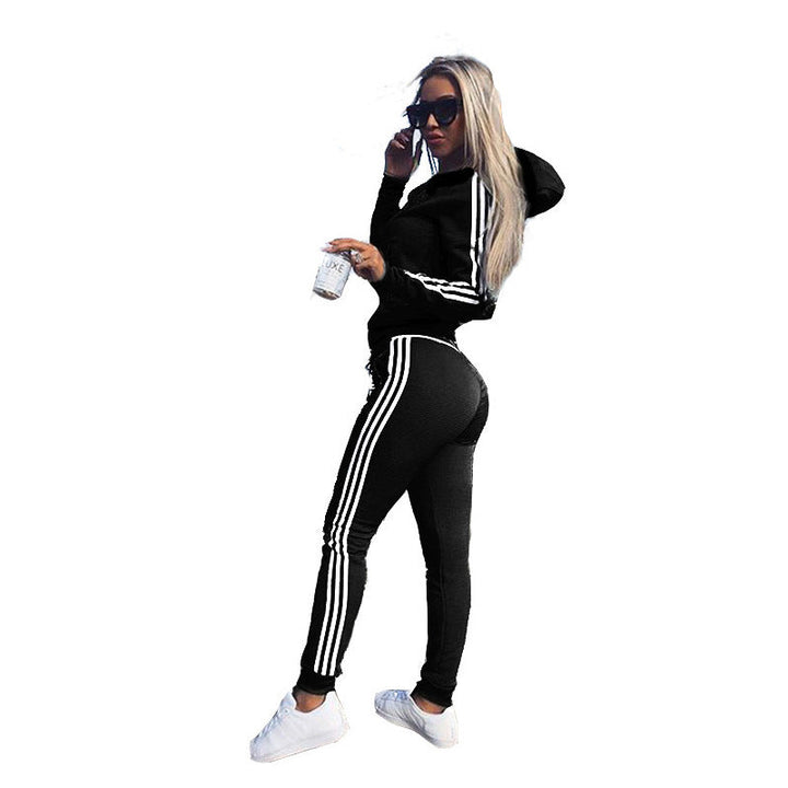 Sporty Stripete Treningssett - Hettejakke &amp; Tights | Kvinner