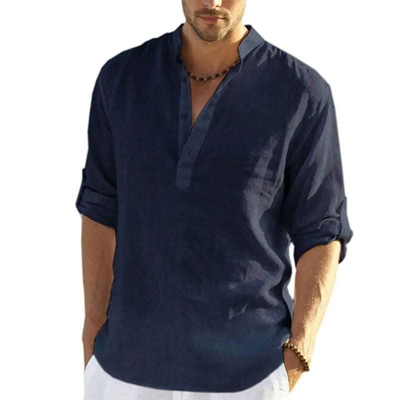 Herre Slim Fit Henley Skjorte i Let og Åndbart Stof
