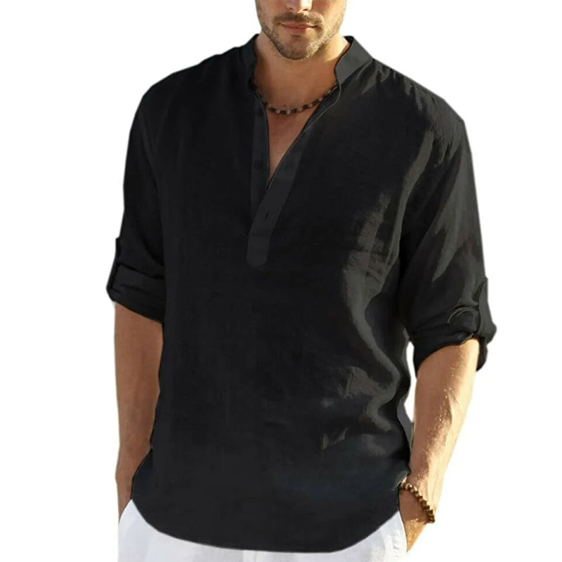 Herre Slim Fit Henley Skjorte i Let og Åndbart Stof