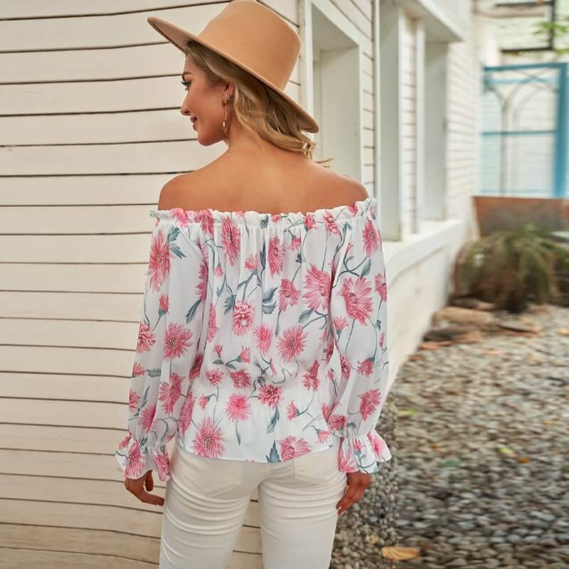 Stilig Dame Blomstret Bluse med Volanger og Off-Shoulder