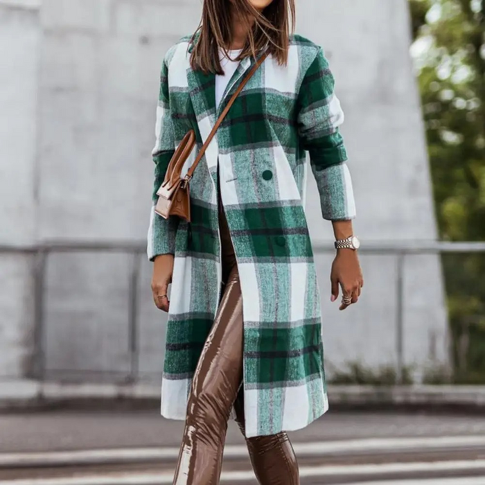 Cappotto lungo da donna con motivo a quadri e bottoni sul davanti