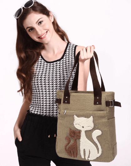 Unisex Broderi Lerretsveske med Katteprint