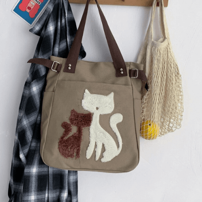 Unisex Broderi Lerretsveske med Katteprint
