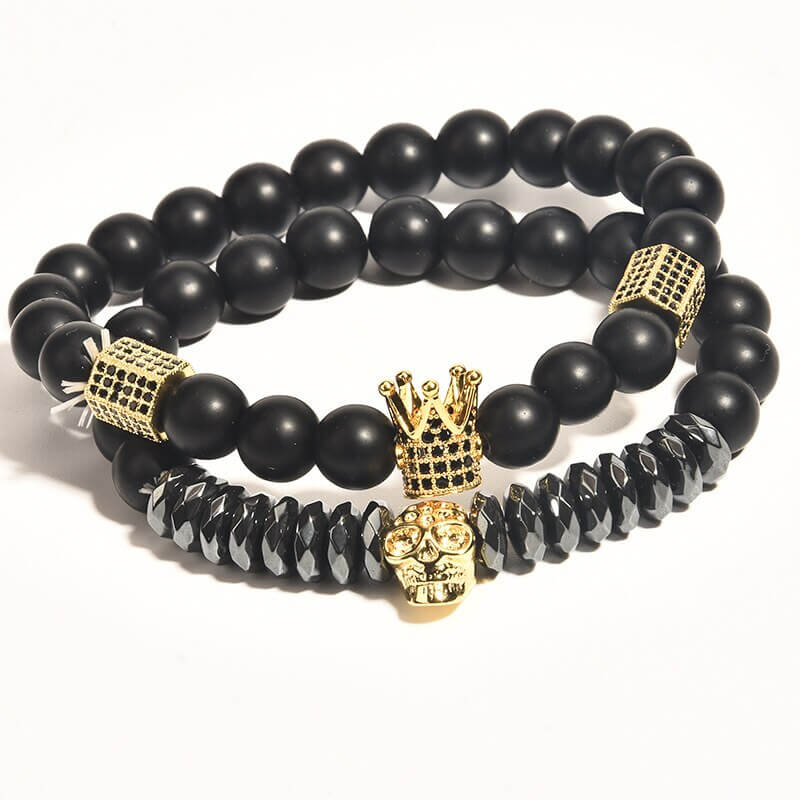 Unisex Onyx Steinarmbånd med Krone &amp; Hodeskalle Sjarmer