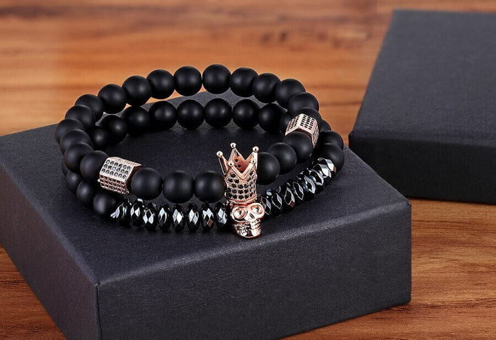 Unisex Onyx Steinarmbånd med Krone &amp; Hodeskalle Sjarmer